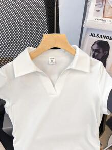 SHEIN Teen Girl White Versatile,Square V-Neck Short Sleeve T-Shirt, Designer Style, Summer Casual Polo Shirt, Waist-Length, Fitted Cut,Clean Girl - White - View 7