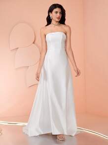 Coutiva فستان زفاف أنيق ذو لون أحادي مزين بفيونكة للزواج، فستان زفاف مع سحاب للنساء، فستان سهرة زفاف للنساء، فستان زفاف للعرائس