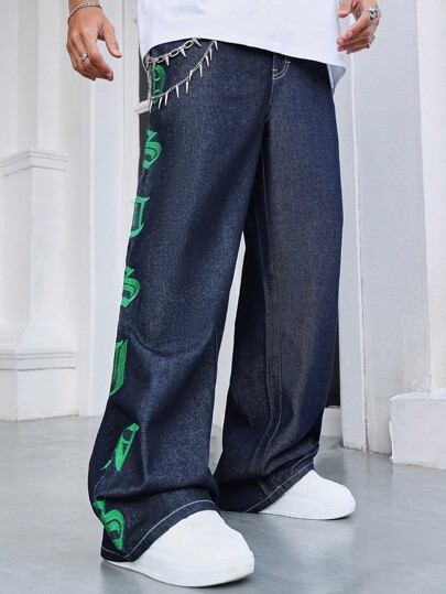 Street Life سراويل جينز دينيم فضفاضة متعددة الاستخدامات مطرزة بحرف جوتيك، للرجال، للهالوين