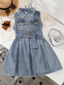 Elladie kids Đầm denim không tay cho bé gái, Đầm công chúa denim giản dị có túi cổ áo sơ mi thời trang cho bé gái, Đầm mùa xuân thích hợp cho các buổi đi chơi hoặc tiệc tùng - Màu xanh nhạt - Xem 1