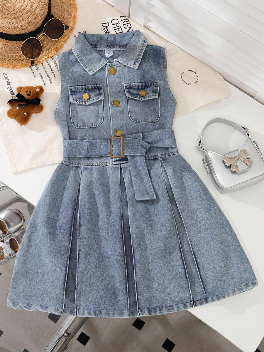 Elladie kids Đầm denim không tay cho bé gái, Đầm công chúa denim giản dị có túi cổ áo sơ mi thời trang cho bé gái, Đầm mùa xuân thích hợp cho các buổi đi chơi hoặc tiệc tùng - Màu xanh nhạt - Xem 1