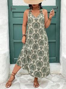 SHEIN Frenchy Plus Size Green Damask Print Boho Midi Dress With V Neck And Ruffle Hem Detail