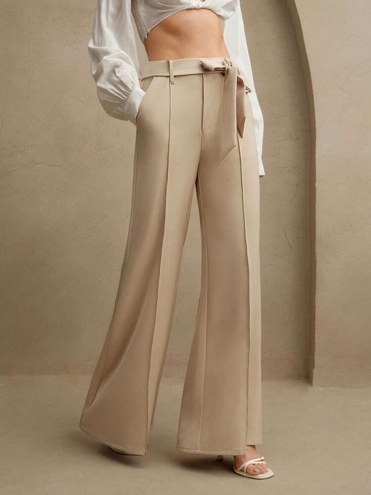 Anewsta Elegant Design Center Seam Bowknot Tie Waist Belt, Women Long Wide Leg Pants Spring Summer - Khaki - View 6