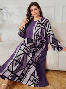 SHEIN Lacomfia Vestito con stampa geometrica a blocchi di colore e maniche lunghe, taglie comode