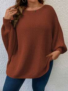 SHEIN LUNE Sweater Lengan Kelelawar Kasual Warna Polos Ukuran Besar untuk Wanita, Pullover Rajut Musim Dingin Musim Gugur - Redwood - View 3