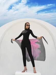 Swim Shayni 3pcs Women Summer Beach Outfits: Zipper Front Long Sleeve Swimsuit Top, Bottoms And Patterned Beach Dress Cover Up, Modest Resort Bikini Set - Black - View 5