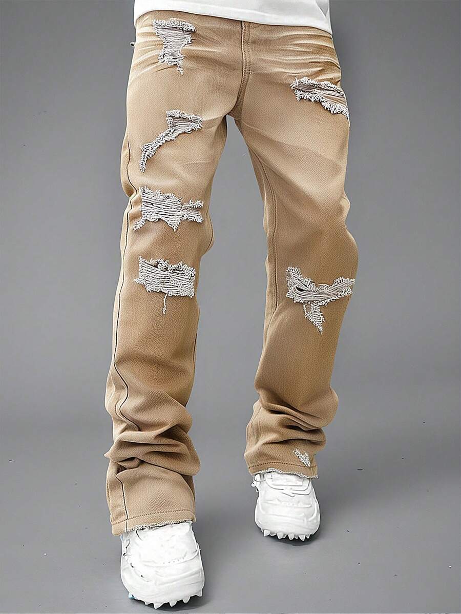 Denimly Boys' Fashion Casual Versatile Academic Denim Pants, Elastic Waist, Zipper Front, Ripped Distressed Washed Jeans - Khaki - View 1