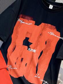 SHEIN 2pcs/Set Teen Boys Casual Contrast Color Short Sleeve T-Shirt And Shorts Set, Streetwear Punk Rock School Style For Everyday Wear, Party, Music Festival, Suitable For Spring/Summer, Abstract English Graphic Print In Black & Purple - Orange - View 3