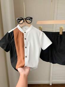 2 件套年轻男孩休闲运动学院艺术风格复古多色拼接立领衬衫和黑色短裤套装适合年轻男孩服装年轻男孩服装返校男孩西装适合生日派对、晚会、表演、婚礼、洗礼、开幕式、日常适合学校适合旅行适合度假适合春夏季