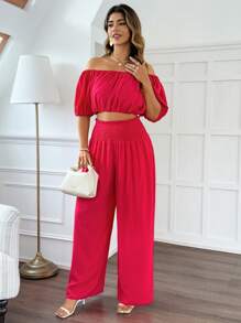 Flirla Shirred Cropped Top & Wide Leg Pants 2pcs/Set, Relaxed Fit - Hot Pink - View 4