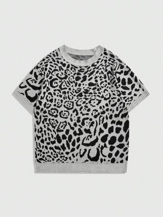 Street Life Men's Round Neck Leopard Print Knitted Top, Streetwear Fashion