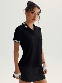 Dewbera Women's Casual Striped Patchwork Short Sleeve Sports Polo Shirt, Summer