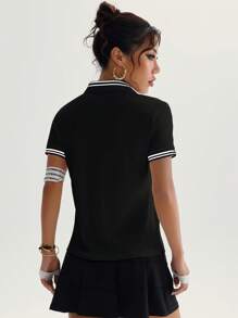Dewbera Women's Casual Striped Patchwork Short Sleeve Sports Polo Shirt, Summer