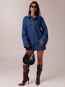 Forever 21 New Autumn/Winter Denim Wash Polo Collar Loose Long Sleeve Half Zip Up Short Casual Dress - Royal Blue - View 5