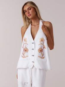 SHEIN Forever 21 Women Spring Casual Simplistic Backless Deep V Floral White Linen Vest Top