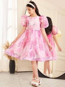 SHEIN Tween Girls Spring/Summer Elegant Floral Print Rose Organza Puff Sleeve Backless Contrast Bow Decor Dress - Pink - View 4