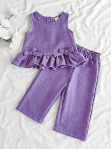 Vintaside Kids Bộ 2 món/Bộ áo liền quần không tay nơ dễ thương thường ngày cho bé gái - Màu tím - Xem 3