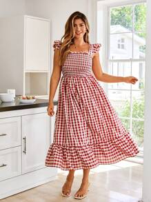 KURAYIA Women Plus Size Retro Simple Shirred Cap Sleeve Plaid Dress - Red - View 1