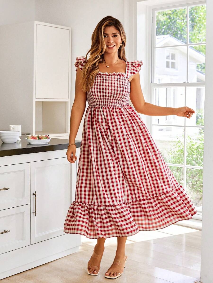 KURAYIA Women Plus Size Retro Simple Shirred Cap Sleeve Plaid Dress - Red - View 1