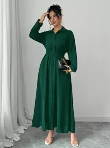 Elenzga Women's Solid Color Long Sleeve Single-Breasted Long Casual Shirt Dress With Pockets, Autumn Fall Maxi Women Outfit