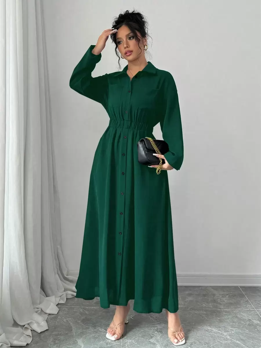 Elenzga Women's Solid Color Long Sleeve Single-Breasted Long Casual Shirt Dress With Pockets, Autumn Fall Maxi Women Outfit