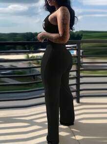 SHEIN Damen Jumpsuit in Unifarbe mit schlanker Passform und ärmelloser Silhouette, einfach und modisch für den Sommer - Schwarz - Übersicht 2