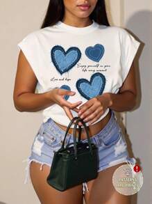 Slaydiva 休闲简约百搭心形和字母牛仔效果印花加大码 T 恤，略微透明，适合夏季
