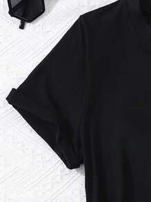 年轻女孩字母印花圆领短袖 T 恤和短裤休闲装 - 黑色 - 查看 4