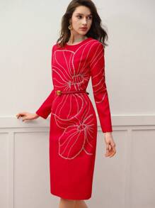 MOTF PREMIUM 亮片刺绣开衩下摆连衣裙 - 紅色 - 查看 4