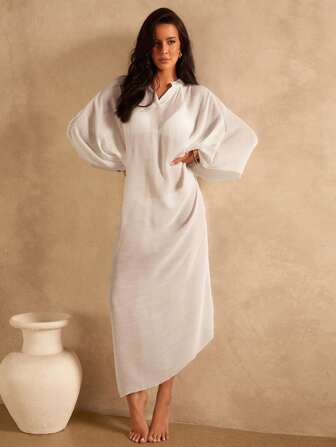 Swim Mulvari 女士中东风格朴素全罩式 V 领蝙蝠袖罩衫