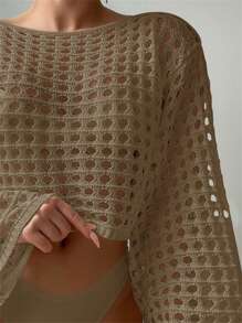 SHEIN Swim 女士度假纯色圆领长袖镂空罩衫 - 卡其色 - 查看 3