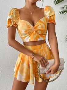 Breezaya 2 件套女士纯色短袖短款上衣和裙子，女士夏季服装女士两件套服装，女士夏季服装 - 黃色 - 查看 1