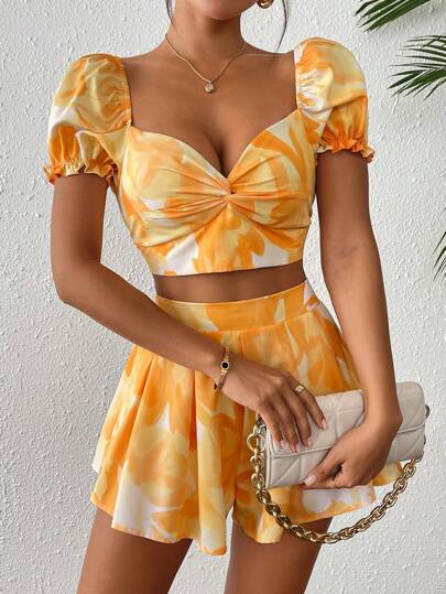 Breezaya 2 stycken set kvinnor enfärgad kortärmad beskuren topp och kjol, kvinnor sommarkläder kvinnor två delar outfits, kvinnor sommar outfits