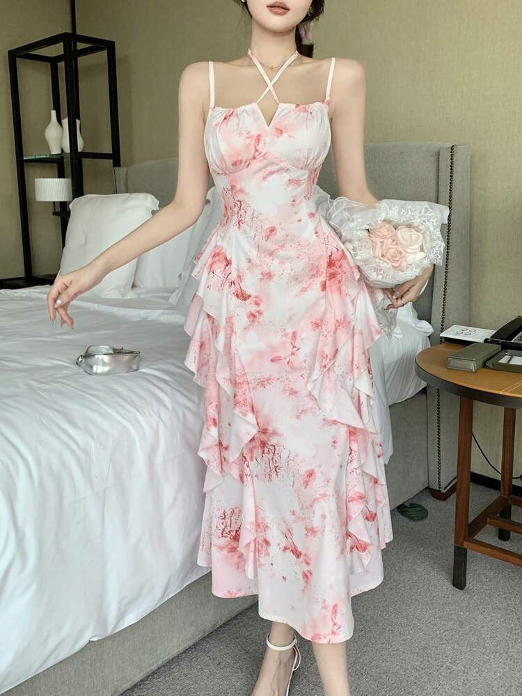 Women Summer Floral Ruffle Strap Mid-Length Dress Dress Cruise Outfit For Women Boho