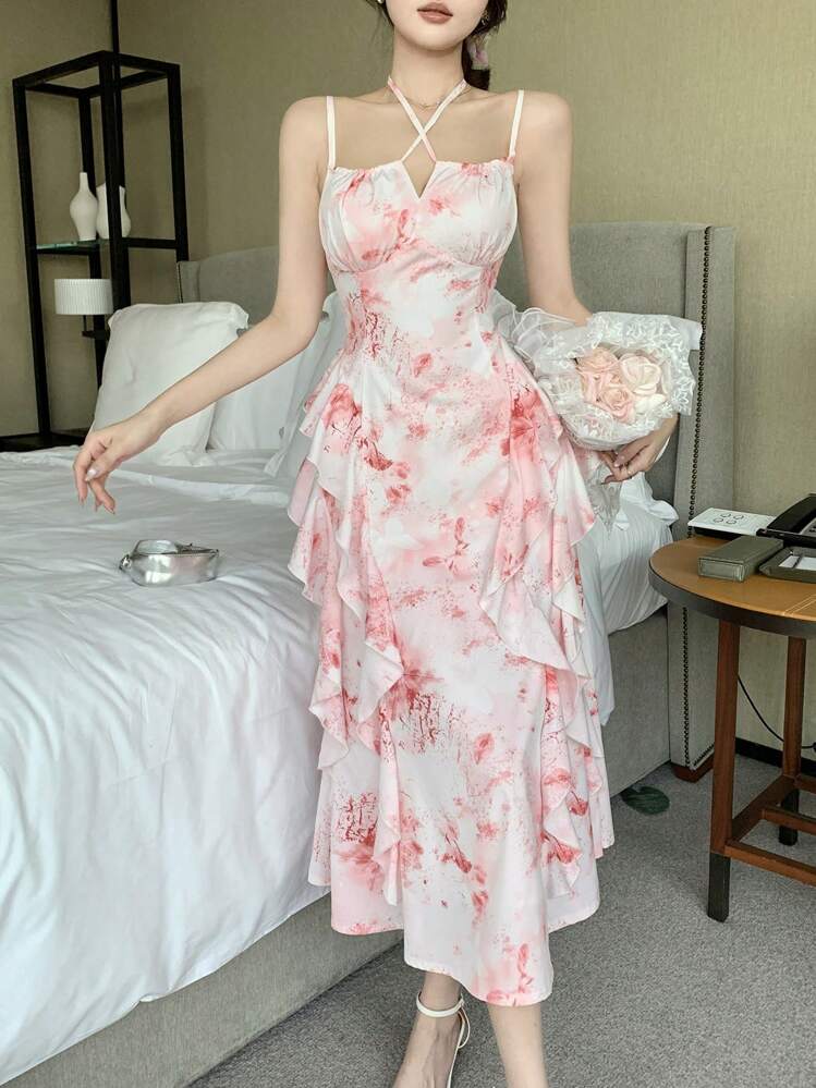 DAZY فستان نسائي متوسط الطول بحمالات مكشكشة وطبعة زهور للصيف - وردي - مشاهدة 1