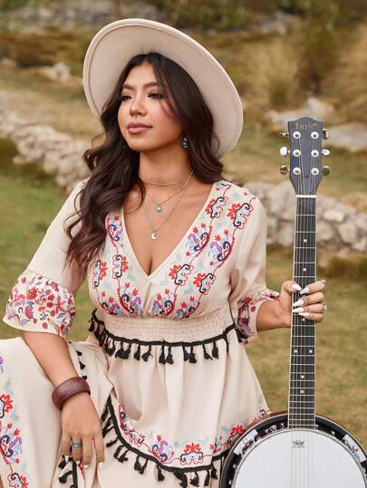 LanaWest Plus Size Deep V-Neck Floral Tassel Print Patchwork Swing Dress, Summer Outfits For Women St. Patrick's Day Rave Outfits Festival Spring Break Outfits St. Patrick's Day Boho