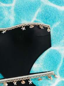 SHEIN Women's Summer Beach One-Piece Swimsuit With Strapless, Shell & Starfish Design, Solid Color