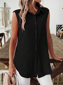 SHEIN LUNE 女士优雅乡村西部风格纯黑色领衬衫，长款弧形下摆，休闲夏季 - 黑色 - 查看 5