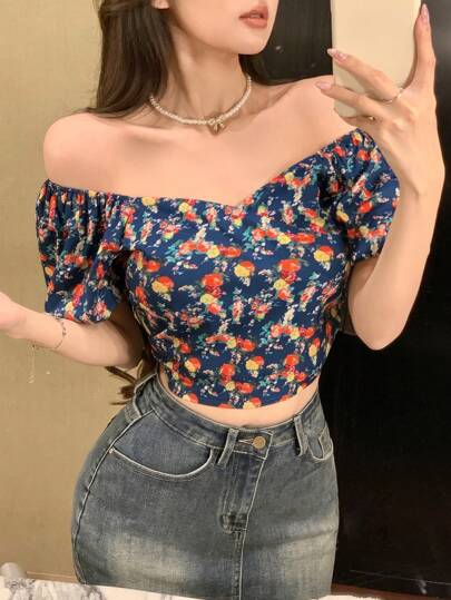 DAZY 女式碎花公主袖短款上衣夏季衬衫邮轮女装