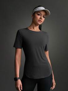 Powerista 女式纯色圆领短袖休闲运动T恤和背心健身衫 - 深灰色 - 查看 7