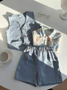 3 paquetes de conjuntos de camisa de solapa con estampado completo retro y artístico, chaleco y pantalones cortos de estilo deportivo informal para niños pequeños. Adecuado para fiestas de cumpleaños, fiestas de noche, actuaciones, bodas, bautizos, ceremonias de inauguración, uso diario, escuela, viajes, deportes, primavera y verano.