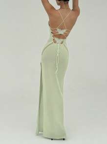 Aloruh Váy hở lưng bãi biển đan móc màu xanh lá cây mùa hè thanh lịch đa năng, váy dệt kim hở lưng hở lưng gợi cảm có dây đeo mảnh xẻ cao - màu xanh lá - Xem 2