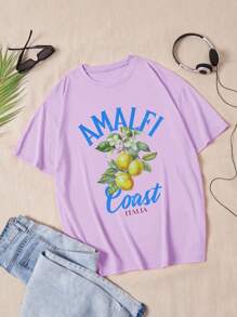 INAWLY Impresión de la de Amalfi Italia, impresión de limón con letras, blusa de manga corta suelta y casual de unicolor para mujer, camiseta de primavera/verano para mujer