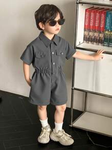 幼儿男孩休闲连体裤，时尚前开襟，宽松版型，现代街头风格，夏季 - 灰色 - 查看 3