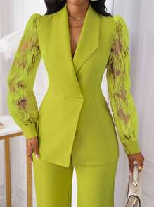 SHEIN Unity Set de 2 piezas de mujer: chaqueta y pantalones de traje con diseño de botones y adornos de encaje elegantes - verde menta - Ver 3