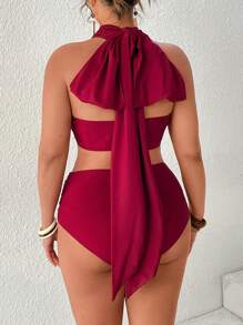 Swim Lushoire Plus Size Satin Shine Halter Style Bikini Top, Suitable For Vacation, Elegant Party For Summer - Burgundy - View 10