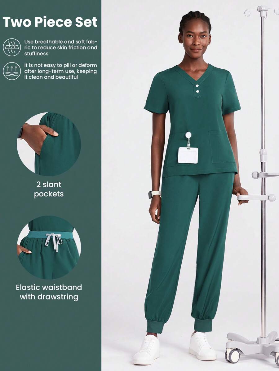 Scrubzie Button V Neck Design Four Pockets Scrub Sets Sporty Sets Comfortable Loose Beauty Salon Uniform, Nurse Short Sleeve Top & Drawstring Pants Set Women Scrubs For Women Women Scrub Sets Nurse Scrub Sets Women Scrub Sets For Women Essential Jogger Scrub Set Nursing Uniform Stretch V-Neck Top & Drawstring Cargo Pants Notch V-Neck Tuck In Top & Drawstring Straight Leg Pants Woman Scrub Set Nurse Beauty Salon Workwear Clinical Scrubs Top Pants Sets Spa Doctor Nursing Clinical Suit - Green - View 1