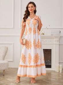 SHEIN Clasi Elegant Resort Hot Selling Floral Print Ruffle Sleeve V-Neck Waist Cinched Dress - White - View 7