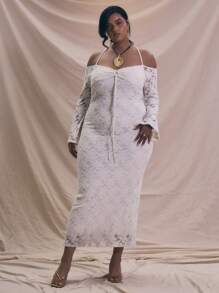 MUSERA Plus Size White Floral Lace Knit Maxi Dress,Elegant Silky Long Sleeve Halter Neck Bridal Wedding Outfit,Autumn Holiday Flowy Bachelorette Hen Do - Cream - View 4