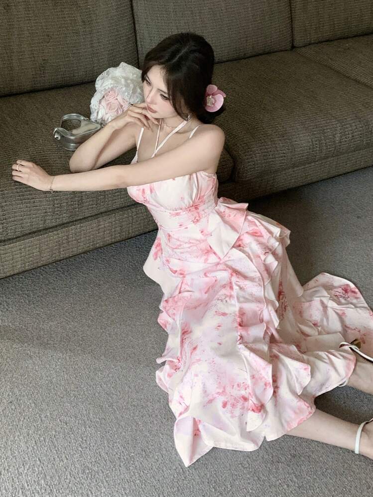 DAZY فستان نسائي متوسط الطول بحمالات مكشكشة وطبعة زهور للصيف - وردي - مشاهدة 8